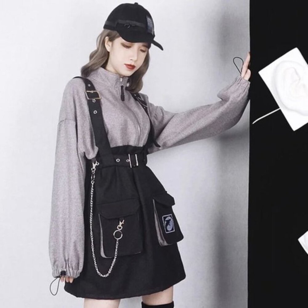 MODAKAWA Charcoal GreyBlack Light Grey Bicolour Punk Pocket Sweatshirt Dress - Picture 10 of 10
